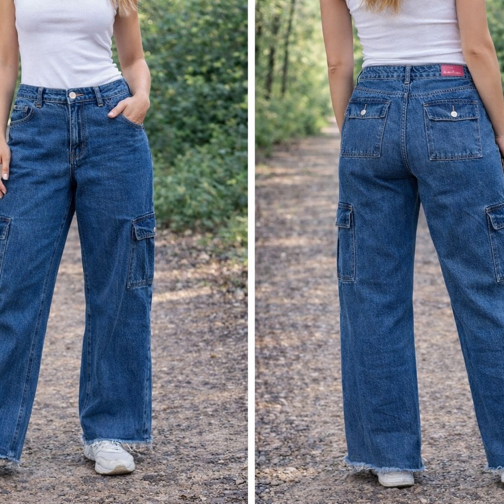 Edikted Blue Wide-Leg Cargo Jeans